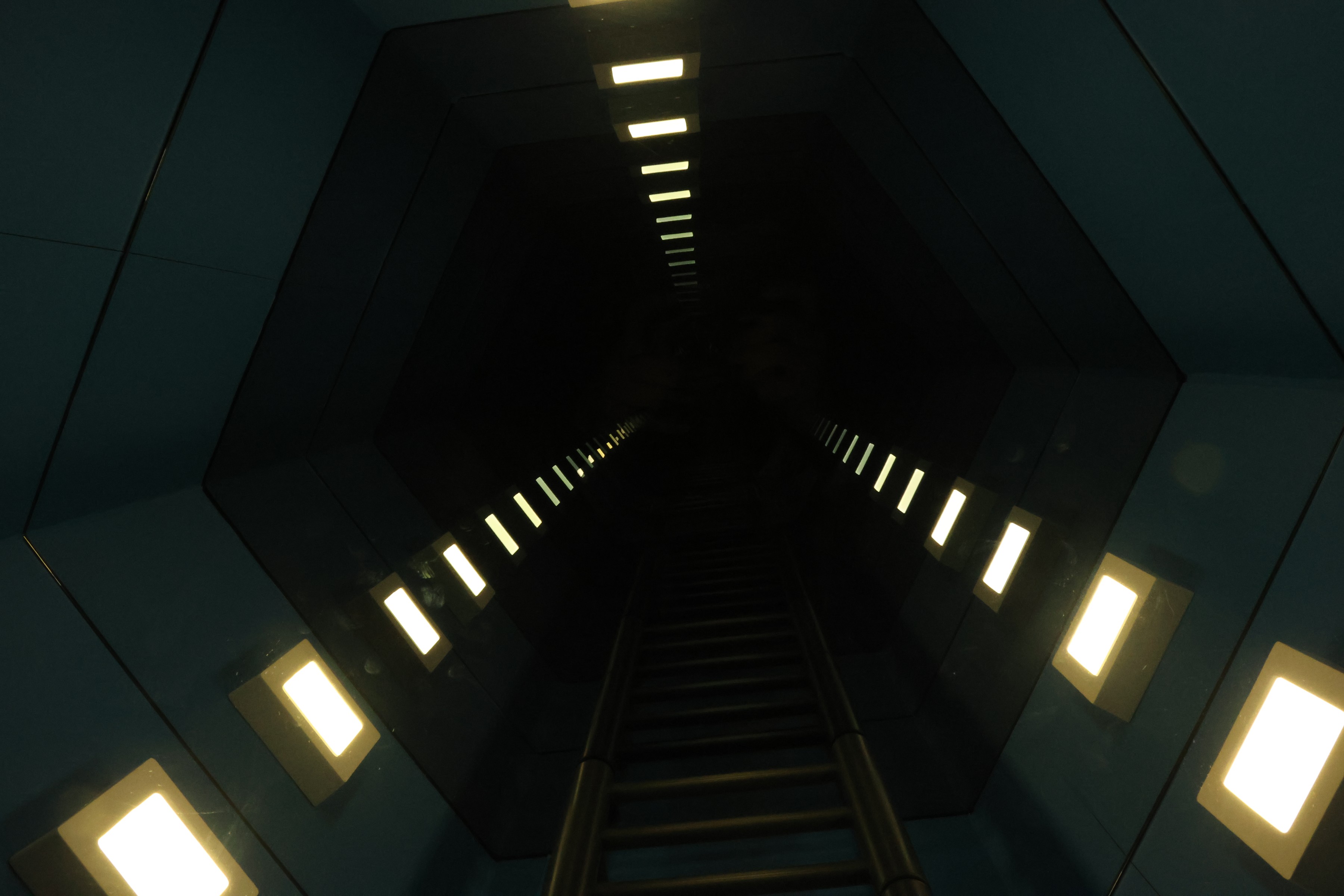 A ladder dropping into a mirrored shaft with no visible bottom