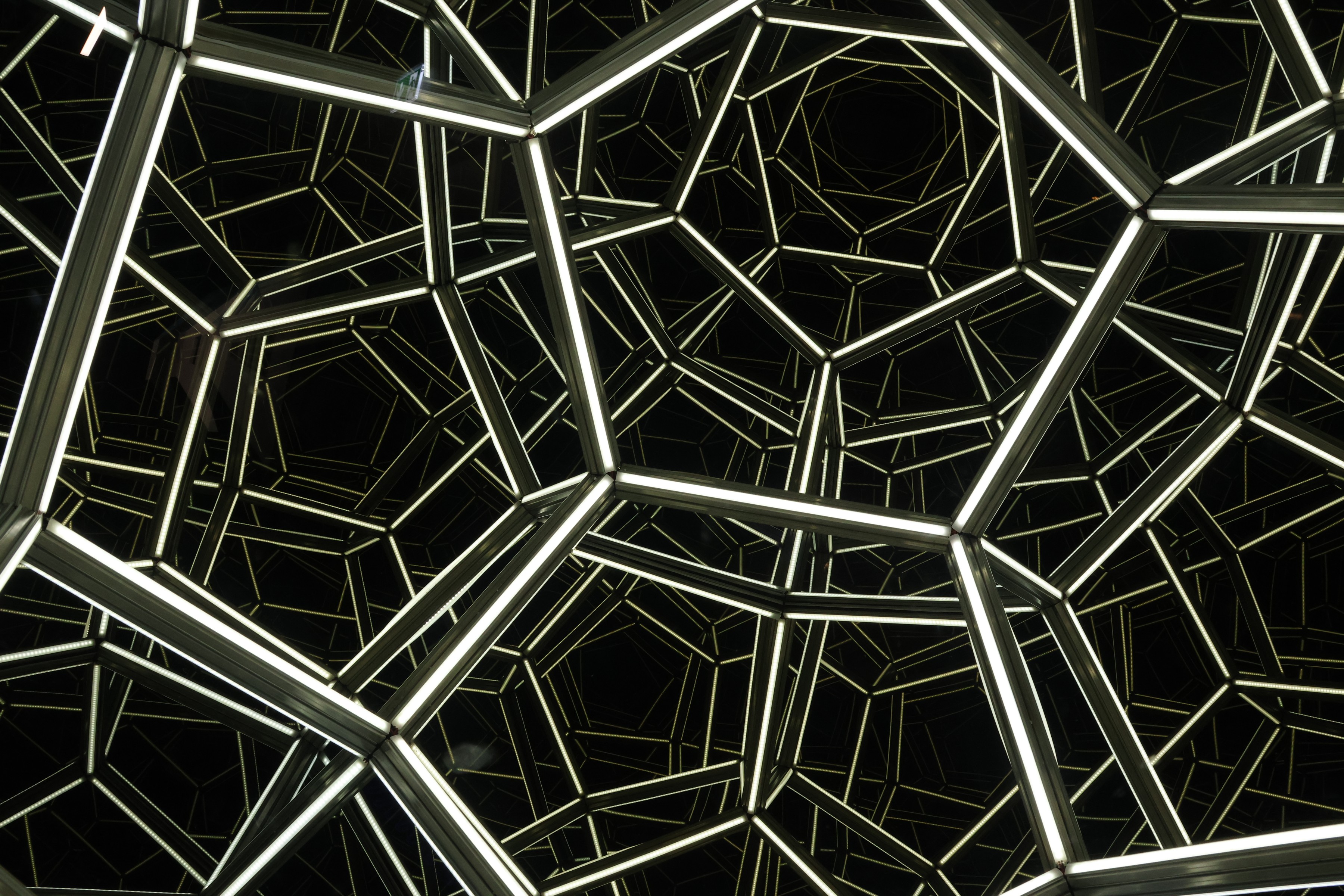 A lattice of glowing tubes receding into darkness overhead