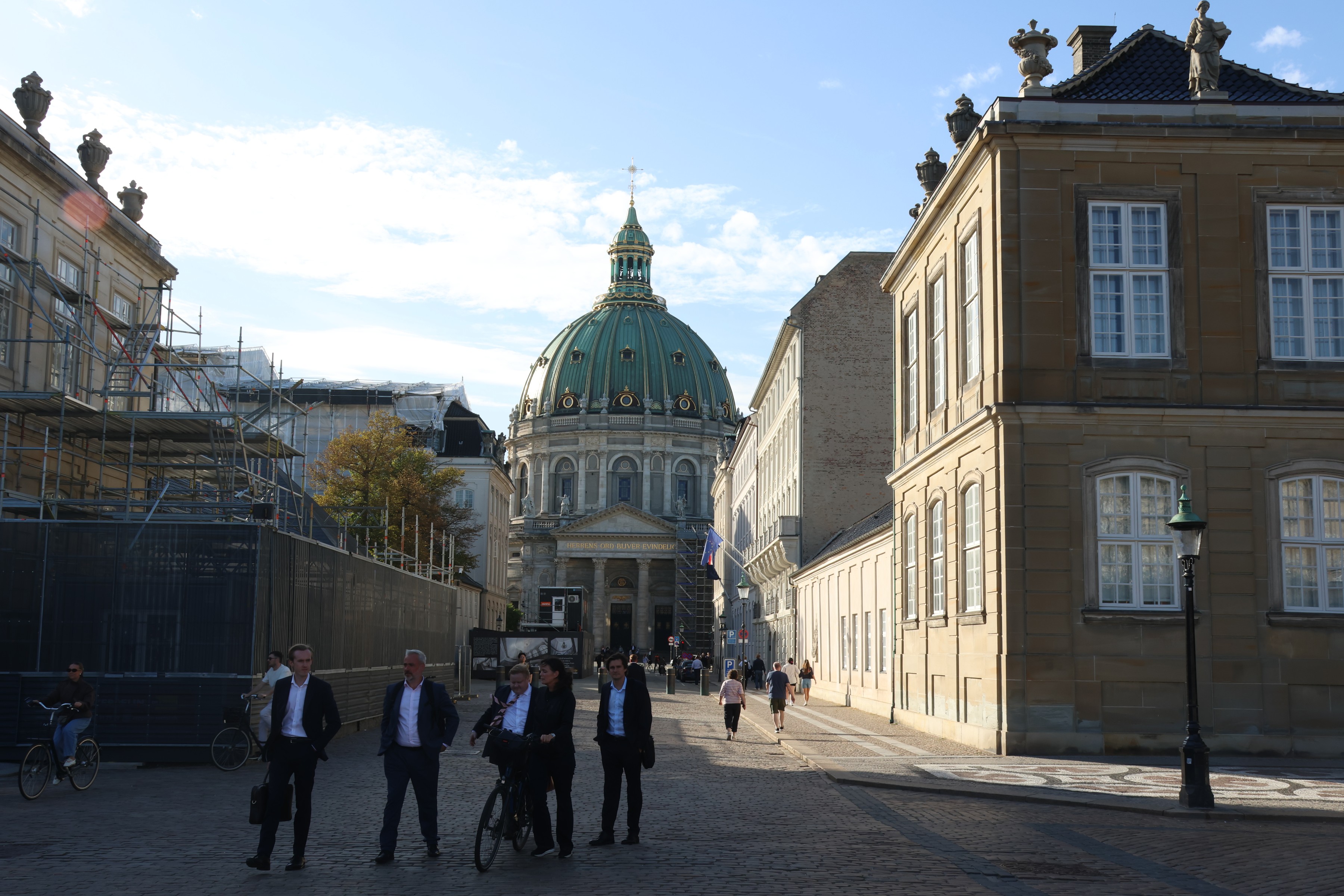 The green dome of the Marble Church seen from the square at Amalienborg